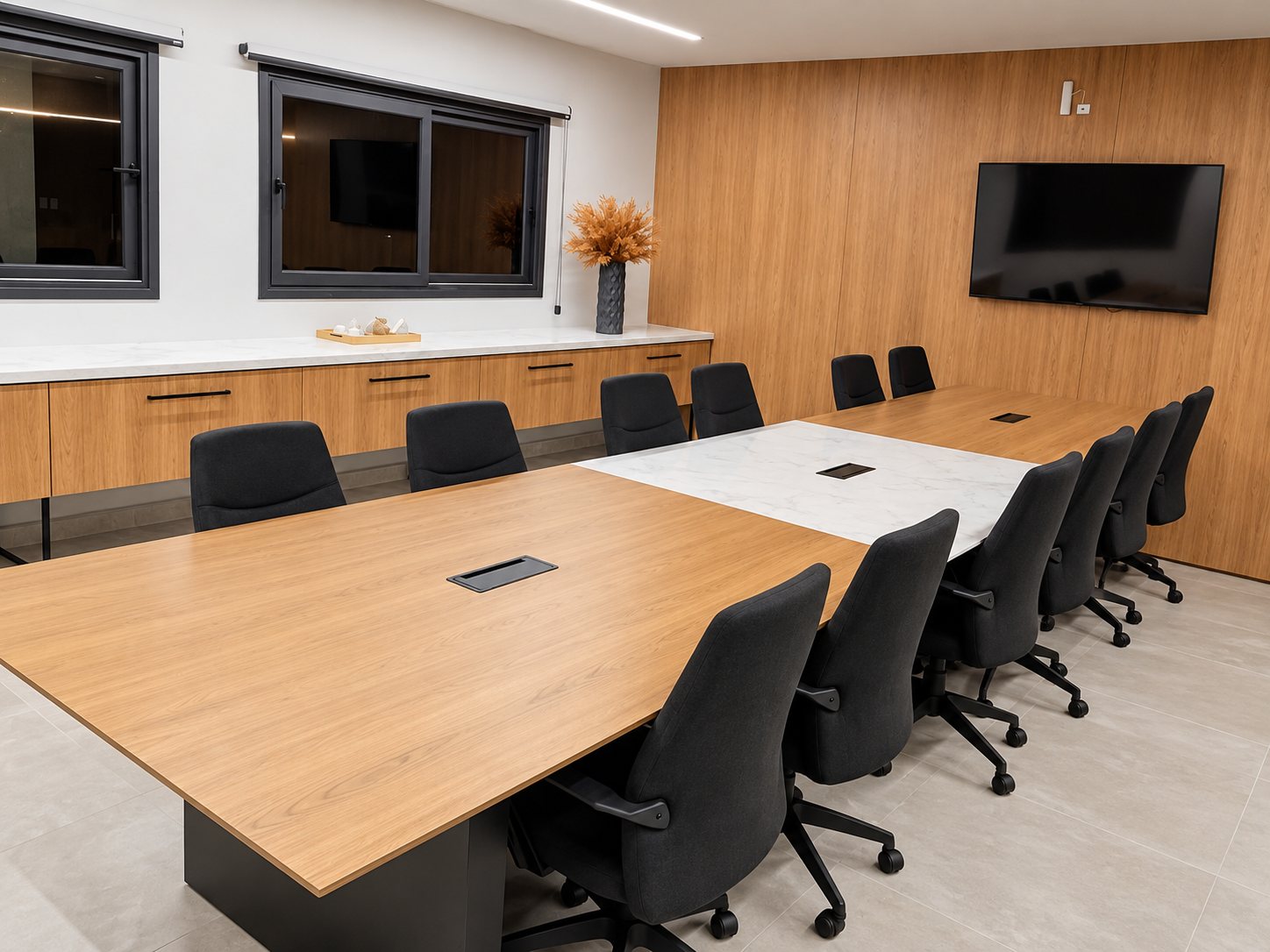 Sala de reunião corporativa executada pela Duetto Marcenaria — mesa sob medida em madeira e mármore